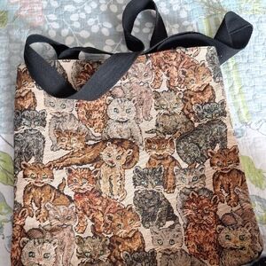 Cat Tapestry Tote Bag with Black Straps